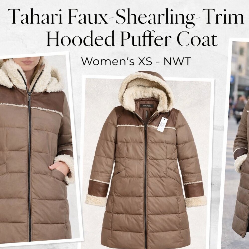 Tahari Puffer Coat Shearling Trim Brown XS NWT Designer Luxury Statement